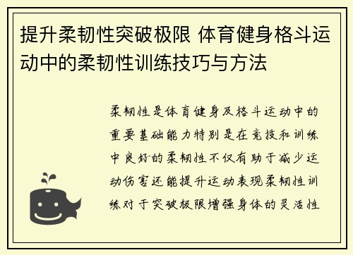 提升柔韧性突破极限 体育健身格斗运动中的柔韧性训练技巧与方法